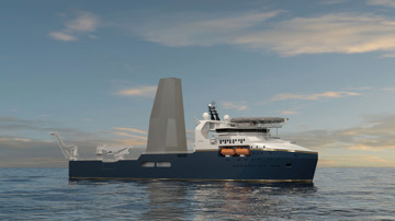 Kongsberg Ship UT 7730 mobile offshore unit design with dark blue hull and golden lines