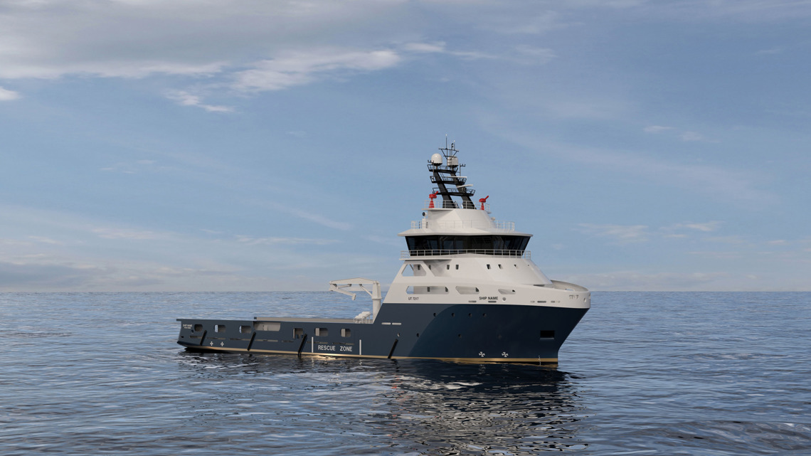 Kongsberg Maritime UT 7217 anchor handler design with dark blue hull and golden lines