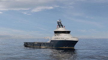 Kongsberg Maritime UT 7217 anchor handler design with dark blue hull and golden lines