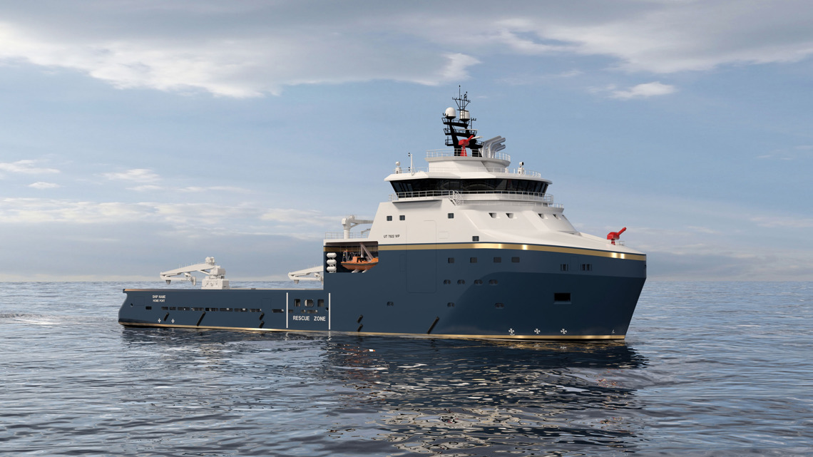 Kongsberg Maritime UT 7822 WP anchor handler design with dark blue hull and golden lines