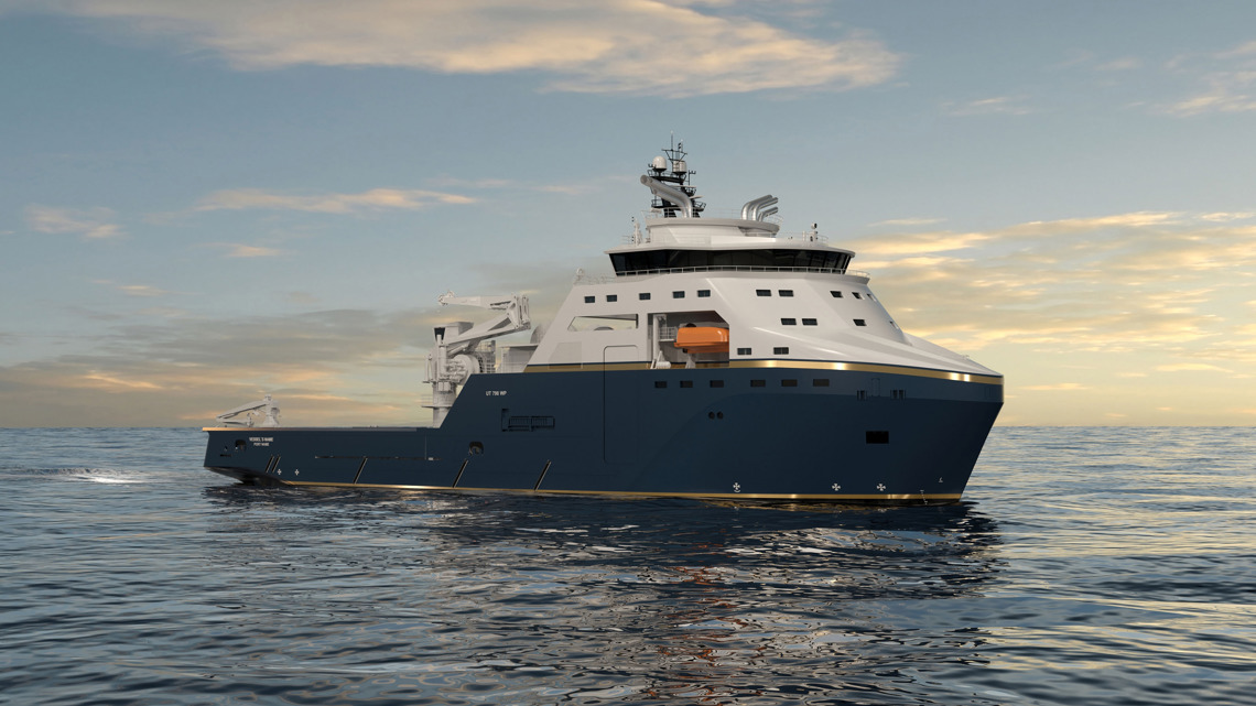 Kongsberg Maritime UT 798 WP anchor handler design with dark blue hull and golden lines