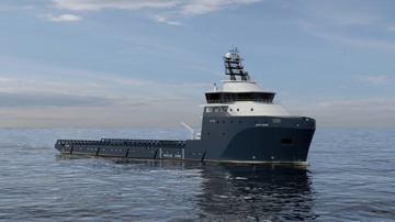 Kongsberg Maritime UT 874 platform supply vessel with dark blue hull and golden lines