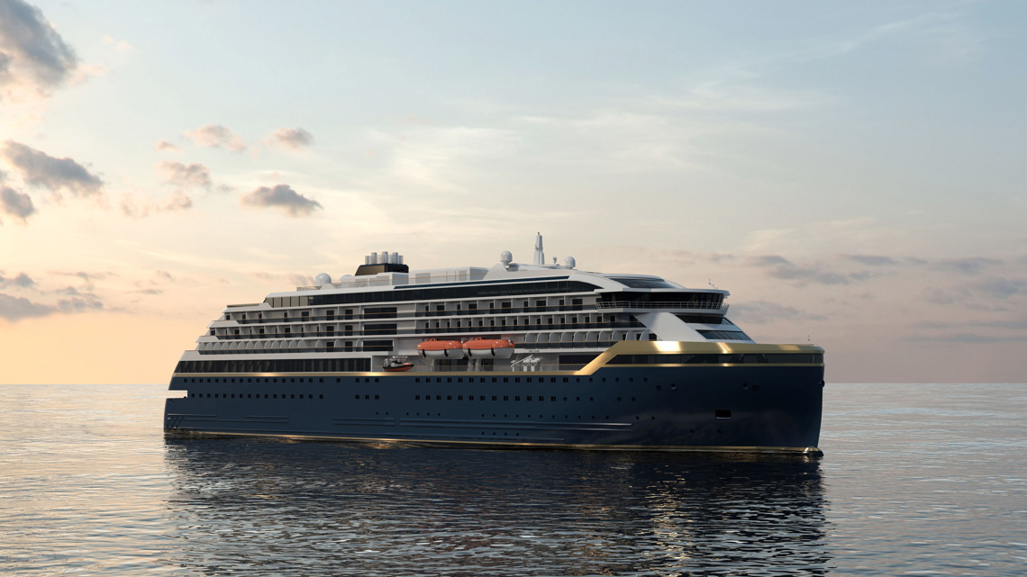 Kongsberg Maritime NVC 2140 exploration cruise ship design with dark blue hull and golden lines