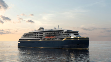 Kongsberg Maritime NVC 2140 exploration cruise ship design with dark blue hull and golden lines