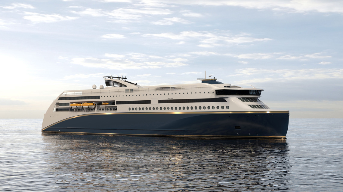 Kongsberg Maritime NVC 2160 RoPax ship design with dark blue hull and golden details at sea