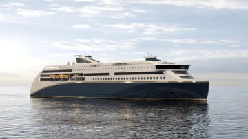 Kongsberg Maritime NVC 2160 RoPax ship design with dark blue hull and golden details at sea