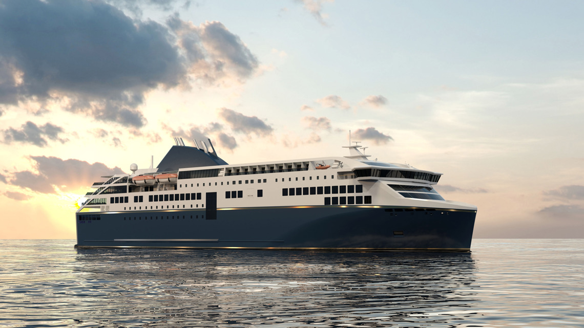 Kongsberg Maritime NVC 2145 RoPax ship design with dark blue hull and golden details at sea