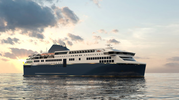 Kongsberg Maritime NVC 2145 RoPax ship design with dark blue hull and golden details at sea