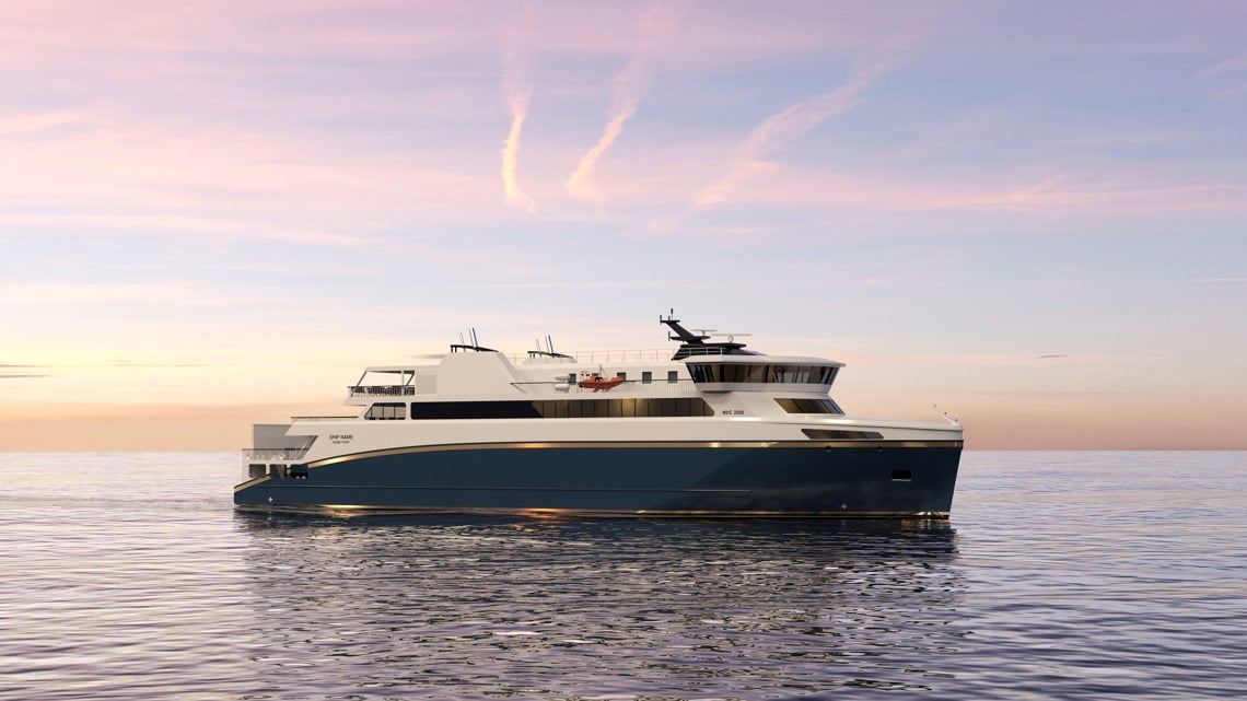 Kongsberg Maritime NVC 2080 RoPax ship design with dark blue hull and golden details at sea