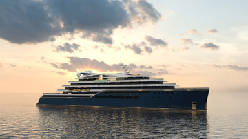 Kongsberg Maritime NVC 2150 exploration cruise ship design with dark blue hull and golden lines