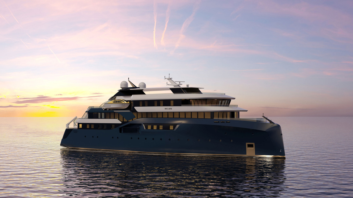 Kongsberg Maritime NVC 2070 exploration cruise ship design with dark blue hull and golden lines