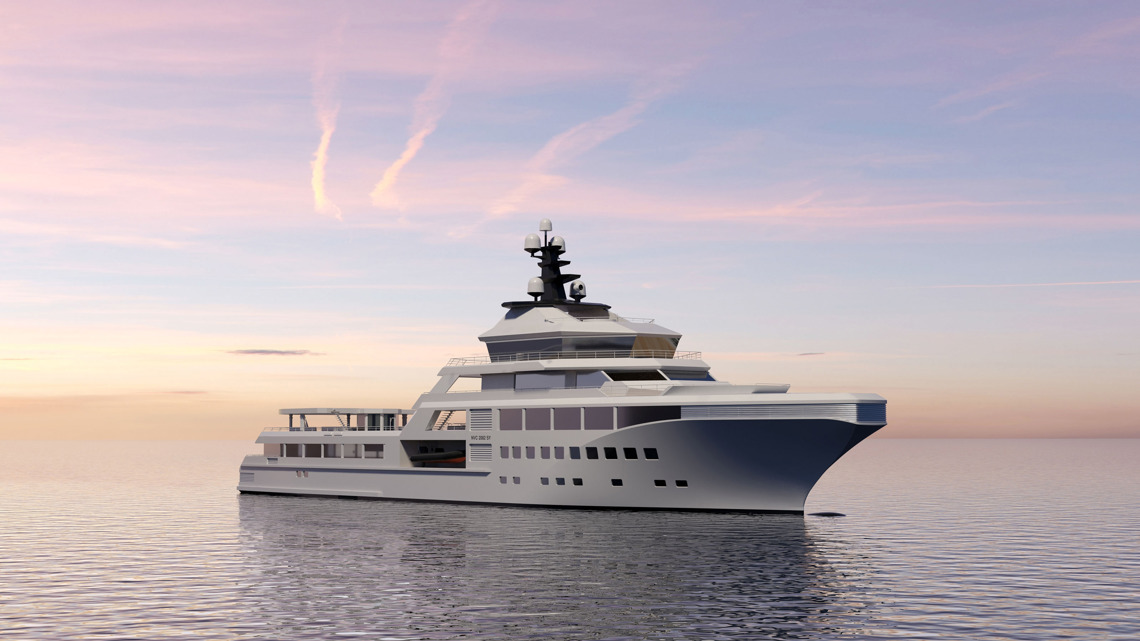 Kongsberg Maritime NVC 2100 SY yacht design with grey paint and keeping station at sea at sunset