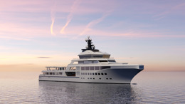Kongsberg Maritime NVC 2100 SY yacht design with grey paint and keeping station at sea at sunset