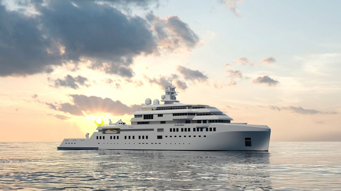 Kongsberg Maritime grey NVC 2120 SY explorer yacht design at sea at sunrise