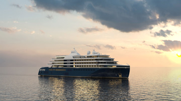 Kongsberg Maritime NVC 2118 exploration cruise ship design with dark blue hull and golden lines