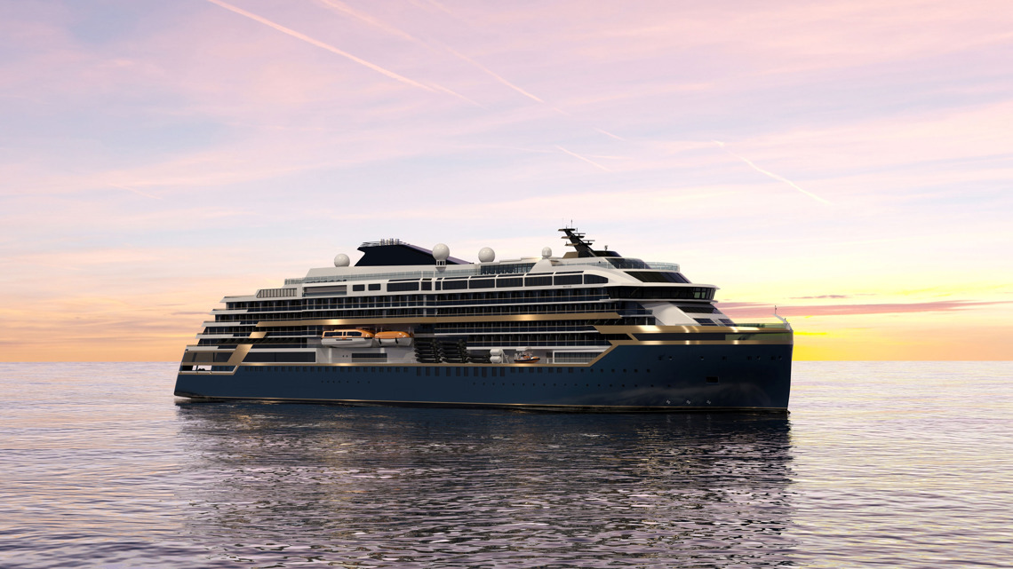 Kongsberg Maritime NVC 2175 exploration cruise ship design with dark blue hull and golden lines