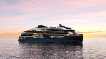 Kongsberg Maritime NVC 2175 exploration cruise ship design with dark blue hull and golden lines