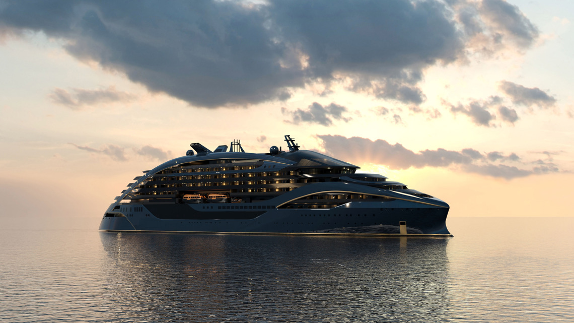 Kongsberg Maritime NVC 2193 boutique explorer cruise ship design with dark blue hull and golden lines