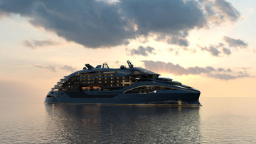 Kongsberg Maritime NVC 2193 boutique explorer cruise ship design with dark blue hull and golden lines