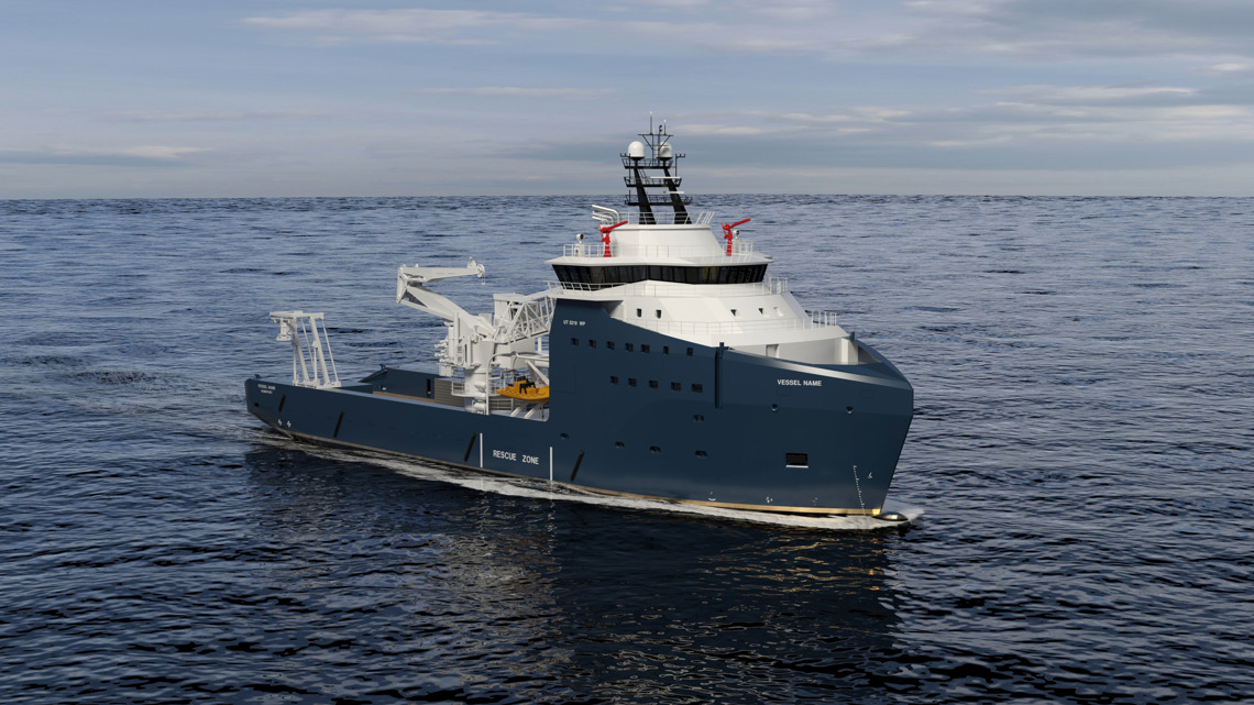 Kongsberg Maritime UT 5219 WP multi-role emergency response and rescue vessel design with dark blue hull and golden lines