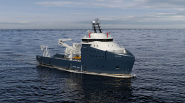 Kongsberg Maritime UT 5219 WP multi-role emergency response and rescue vessel design with dark blue hull and golden lines