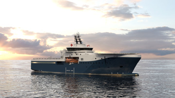 Kongsberg Maritime UT 5219 WPG emergency response and rescue vessel design with dark blue hull and golden lines