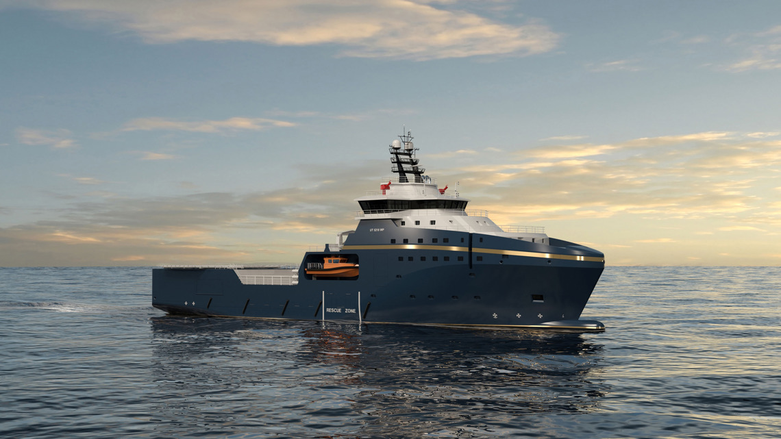 Kongsberg Maritime UT 5218 WP standby and rescue vessel design with dark blue hull and golden lines