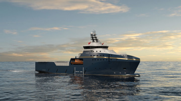Kongsberg Maritime UT 5218 WP standby and rescue vessel design with dark blue hull and golden lines
