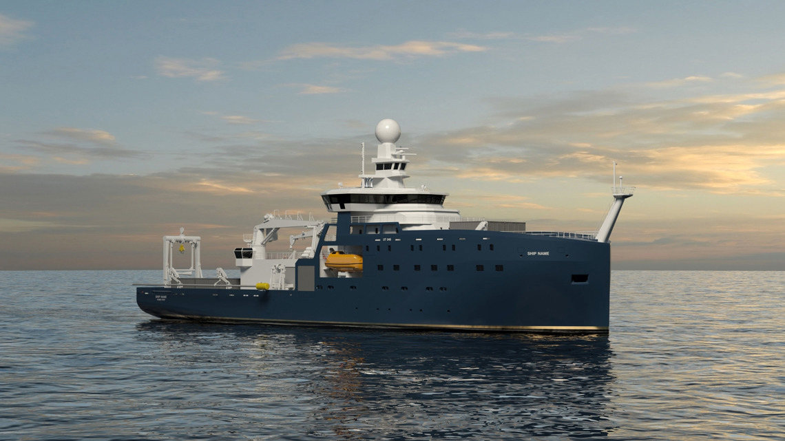 Kongsberg Maritime Ship Design for Oceanographic Research with dark blue hull