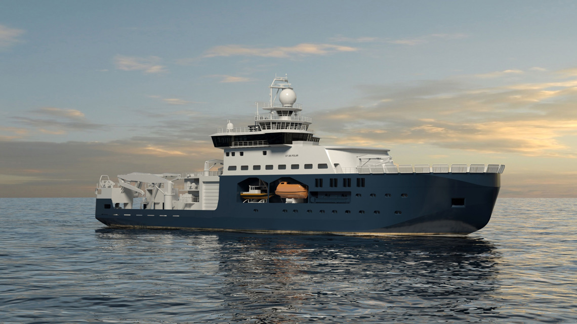 Kongsberg Maritime Ship Design for Polar Oceanography Research with dark blue hull