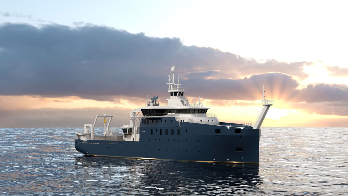 Kongsberg Maritime Oceanography and Research vessel design with dark blue hull at sunset 