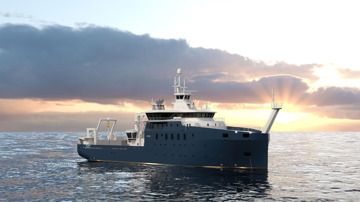Kongsberg Maritime Oceanography and Research vessel design with dark blue hull at sunset 