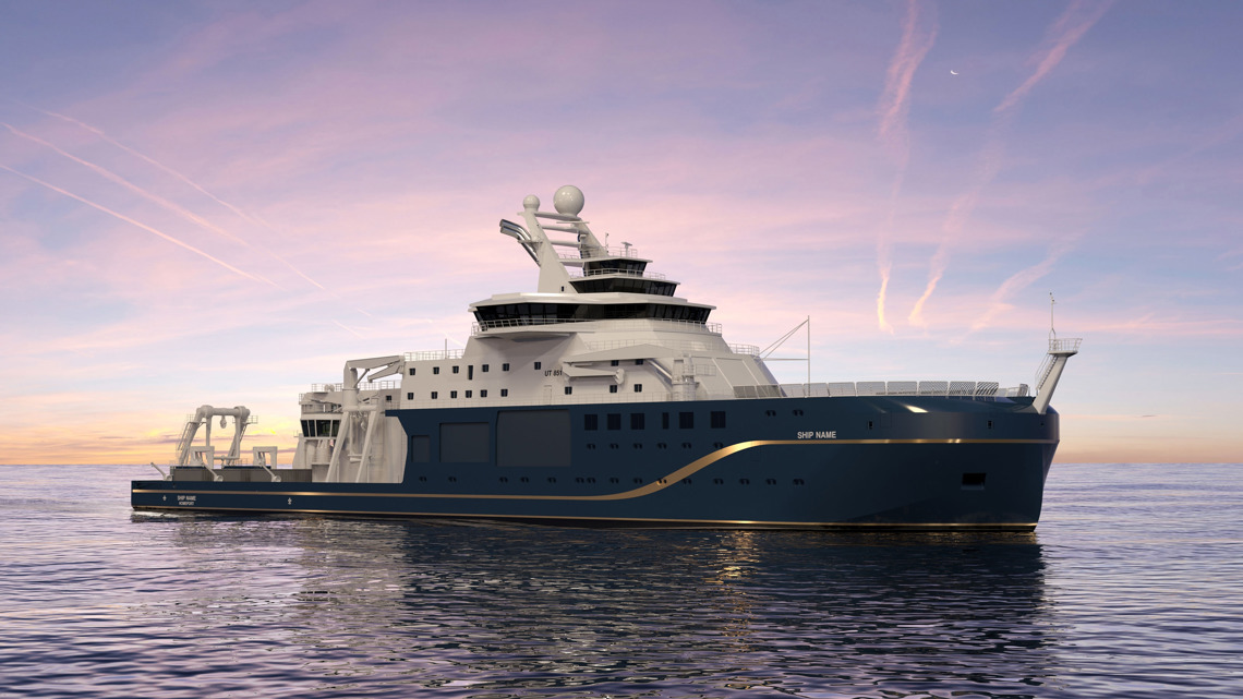 Kongsberg Maritime ship design for Oceanography and Research operations with dark blue hull and golden lines