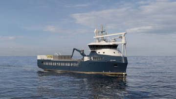 Kongsberg Maritime NVC 4027 general cargo design with dark blue hull and golden details at sea