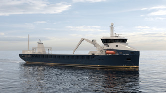 Kongsberg Maritime NVC 4050 NH3 general cargo design with dark blue hull and golden details at sea