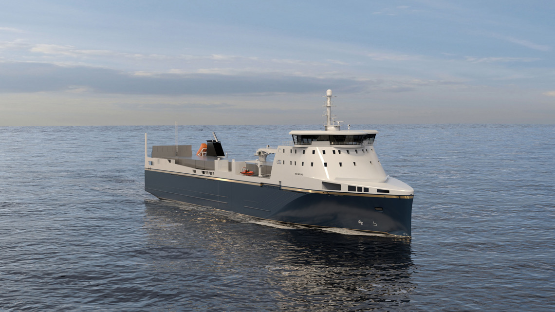 Kongsberg Maritime NVC 405 LNG general cargo design with dark blue hull and golden details at sea