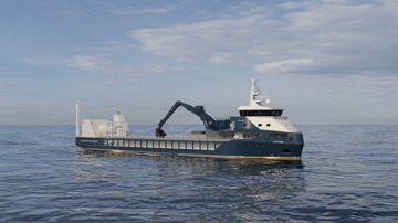 Kongsberg Maritime NVC 4050 NH3 general cargo design with dark blue hull and golden details at sea