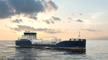 Kongsberg Maritime NVC 606 CT tanker design for oil products and chemicals with dark blue hull and golden details at sea