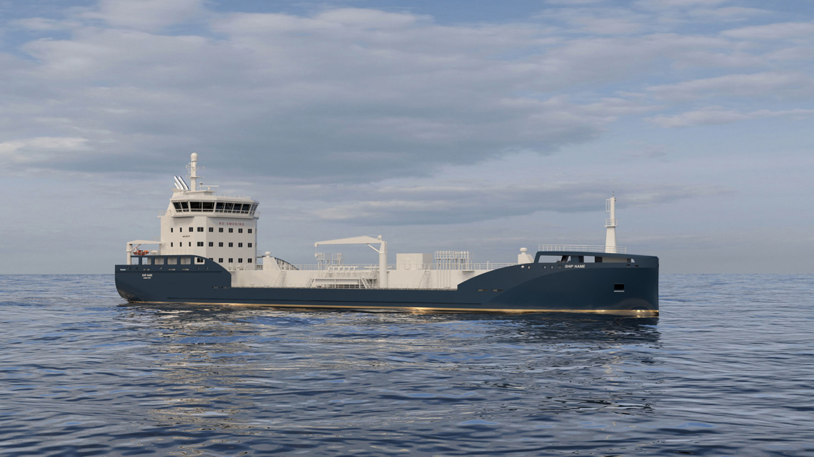 Kongsberg Maritime NVC 607 CT tanker design for oil products and chemicals with dark blue hull and golden details at sea