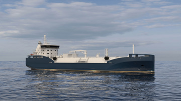 Kongsberg Maritime NVC 607 GT LNG feeder, bunker tanker design with dark blue hull and golden details at sea
