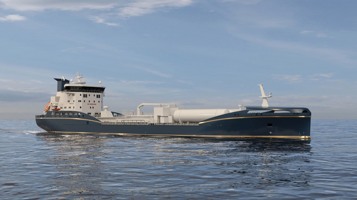 Kongsberg Maritime NVC 613 CT tanker design for oil products and chemicals with dark blue hull and golden details at sea