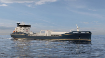 Kongsberg Maritime NVC 613 CT tanker design for oil products and chemicals with dark blue hull and golden details at sea