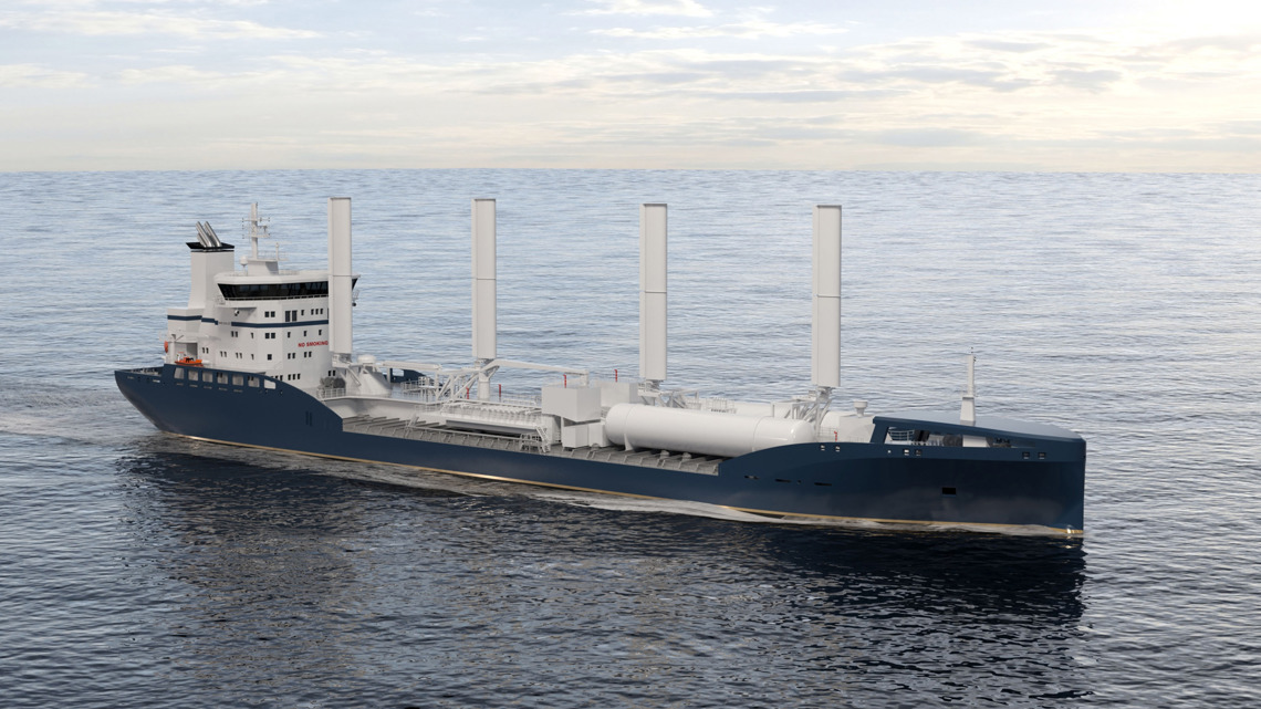 Kongsberg Maritime NVC 615 CT tanker design for oil products and chemicals with dark blue hull and golden details and sails at sea