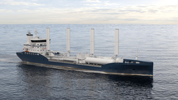 Kongsberg Maritime NVC 615 CT tanker design for oil products and chemicals with dark blue hull and golden details and sails at sea