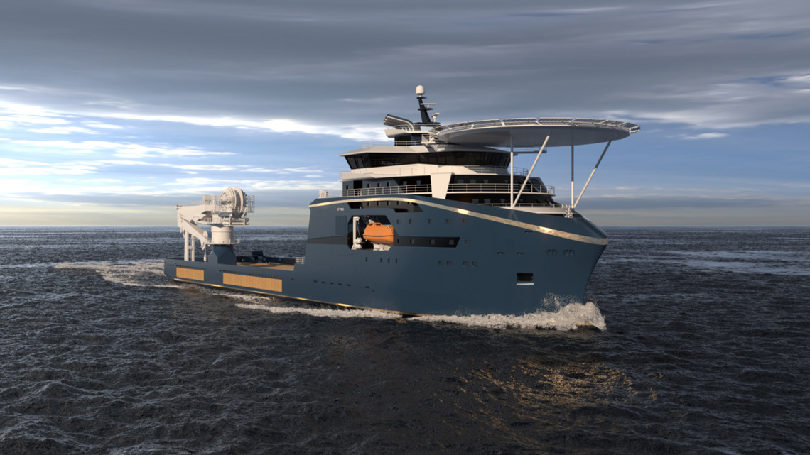 Kongsberg Maritime UT 7625 C subsea construction ship design with dark blue hull and golden lines