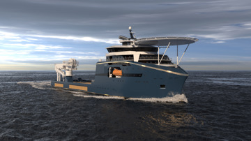Kongsberg Maritime UT 7625 C subsea construction ship design with dark blue hull and golden lines