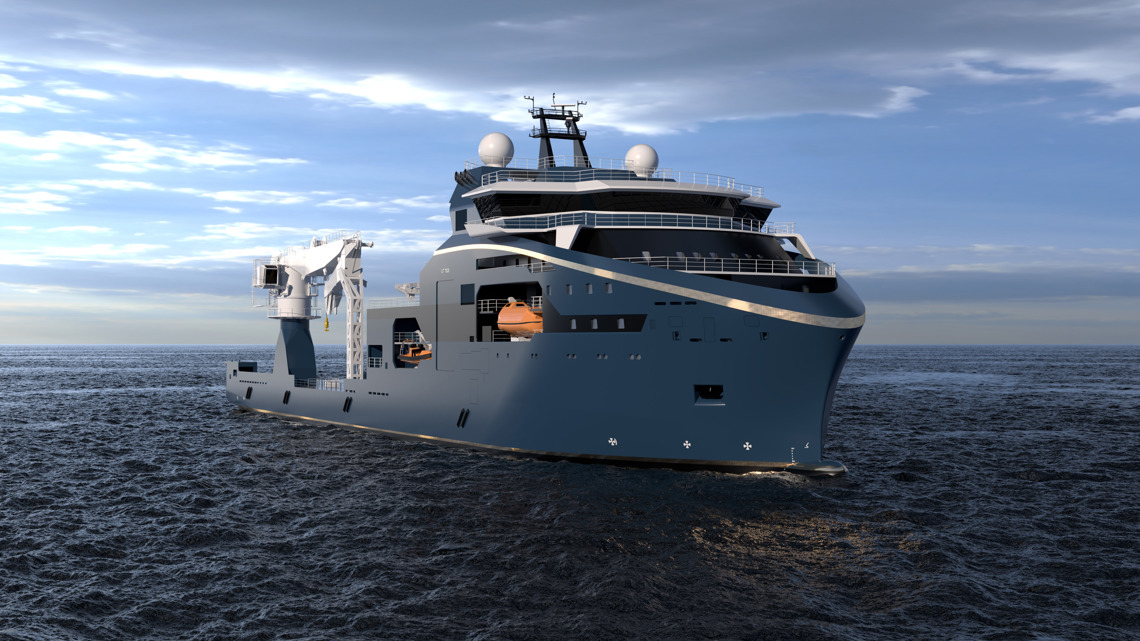 Kongsberg Maritime UT 7628 subsea ship design with dark blue hull and golden lines