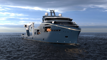 Kongsberg Maritime UT 7628 subsea ship design with dark blue hull and golden lines