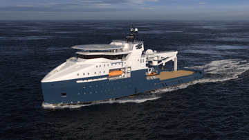 Kongsberg Maritime UT 7622 subsea construction and IMR ship design with dark blue hull and golden lines