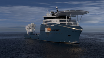 Kongsberg Maritime UT 7625 subsea construction ship design with dark blue hull and golden lines